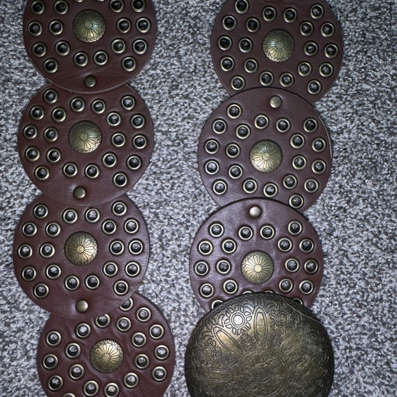 Round Studded Brown Leather Belt with Antique Brass Medallions - Picture 2 of 8